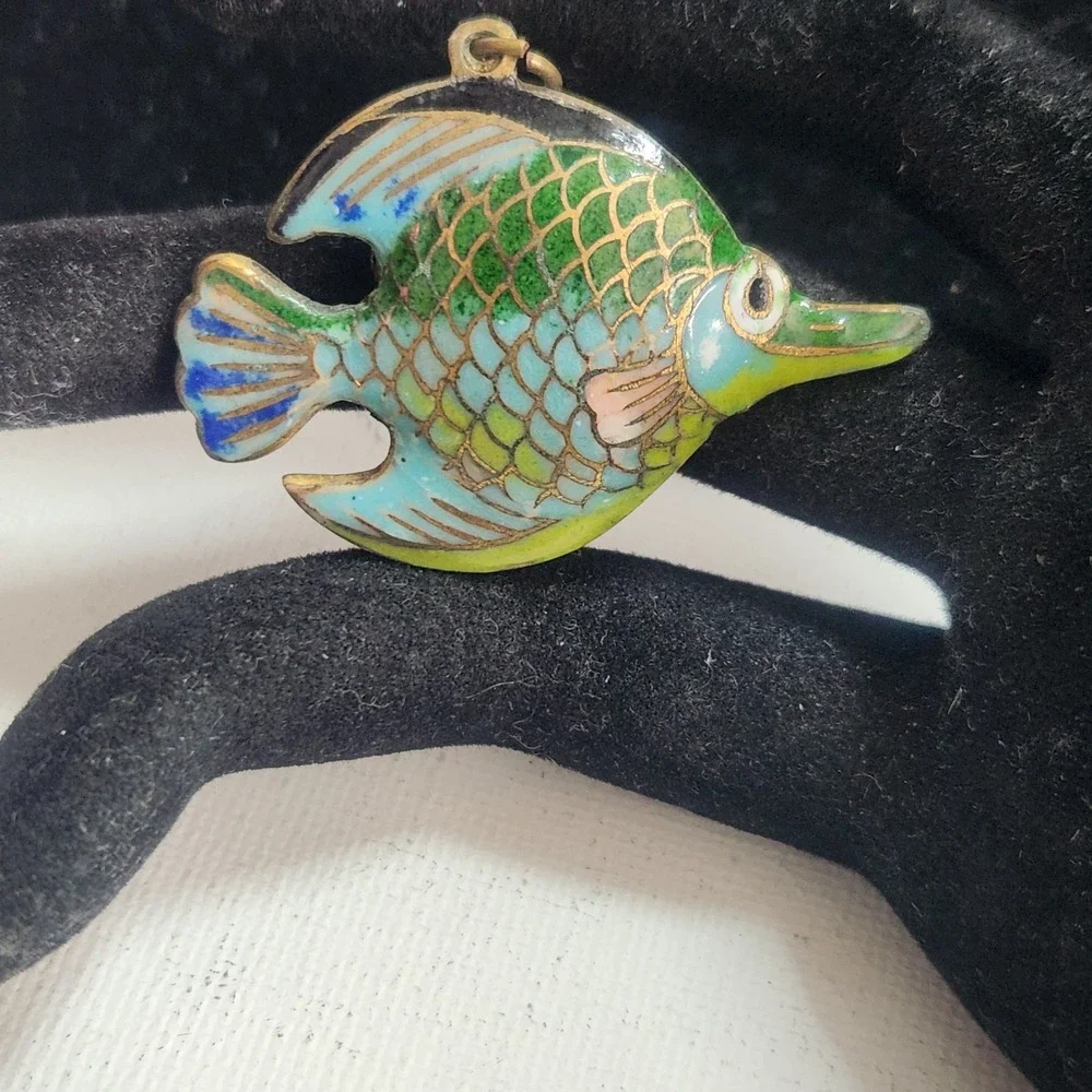 Vintage‎ Cloisonne Enamel Fish Pendant Blue Green Tropical Charm Double Sided